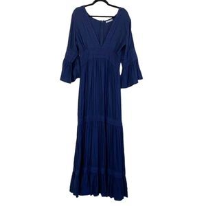 Indah Midnight Navy Blue Crochet Accent Tiered Bell Sleeve Maxi Dress Sz L